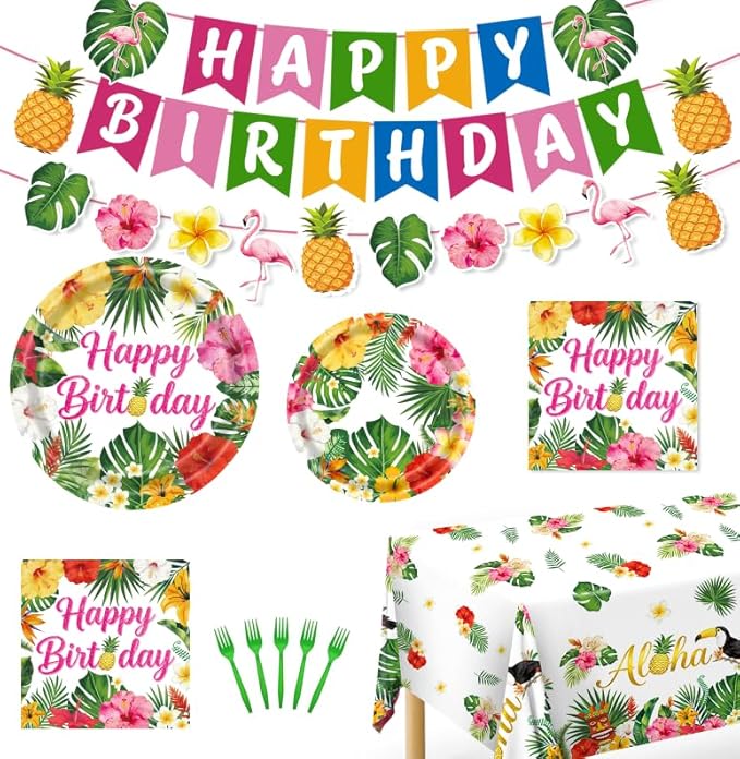 Hawaiian Birthday Party Decorations, 99Pcs Aloha Party Plates-Serve 24 With Birthday Banner Tablecloth Napkins Disposable Dinnerware Set for Hawaiian Birthdays Tropical Summer BBQ Party Decorations