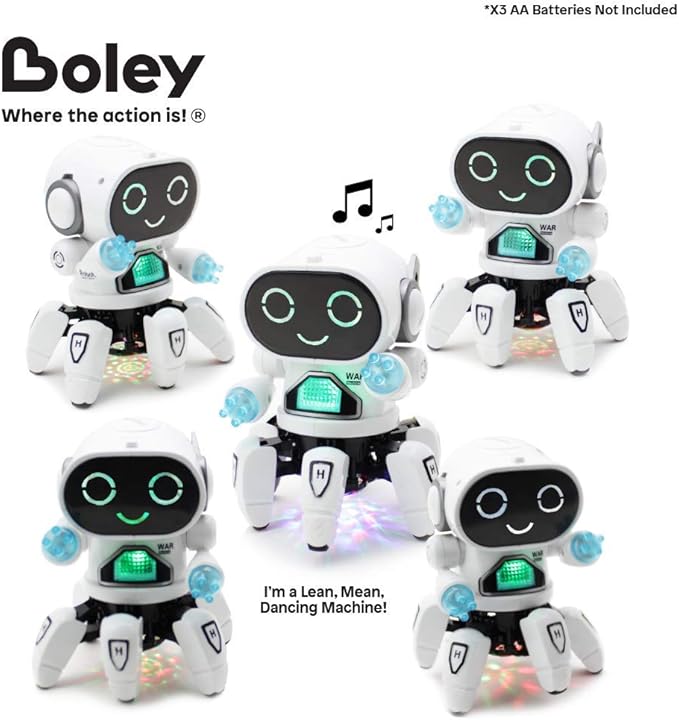 Boley Pioneer Dancing Robot in White and Blue - Walking Dancing Electronic Robot Toy for Kids with Disco Flashing Lights and Dance Music - Battery Operated