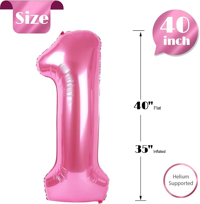 40 Inch Pink 1 Balloon for First Birthday, 1st Number Balloons Birthday Decorations for Girl Kids Toddler Baby, One Giant Number 1 Balloon