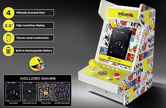 My Arcade Pac-Man 45th Anniversary Mighty Player: Pac-Man 45th Anniversary Console, Retro Games, Countertop Arcades, Illuminated Marquee, 4 Games in 1,Rechargeable Battery