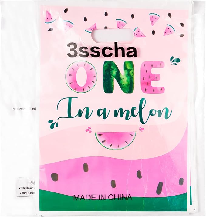 50Pcs One in A Melon Party Favor Bag Watermelon Themed Waterproof Goodie Bag with Die Cut Handles Summer Glossy Plastic Candy Gift Bags for Kid First Birthday Baby Shower Decoration Supplies