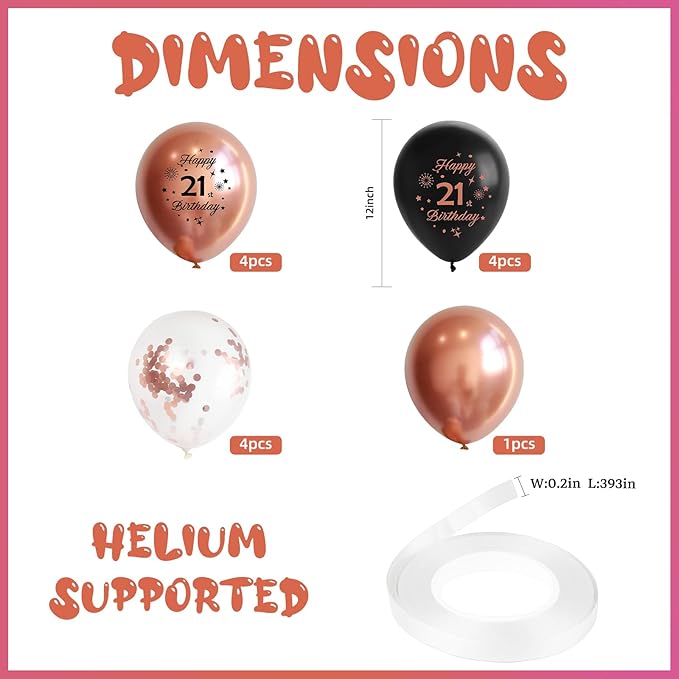 Rose Gold 13th Birthday Balloons for Girls 13th Birthday Party Decorations,12inch 15pcs Rose Gold Black Happy 13th Birthday Balloons, Party Balloons Confetti Balloons for Girls Party Deocorations