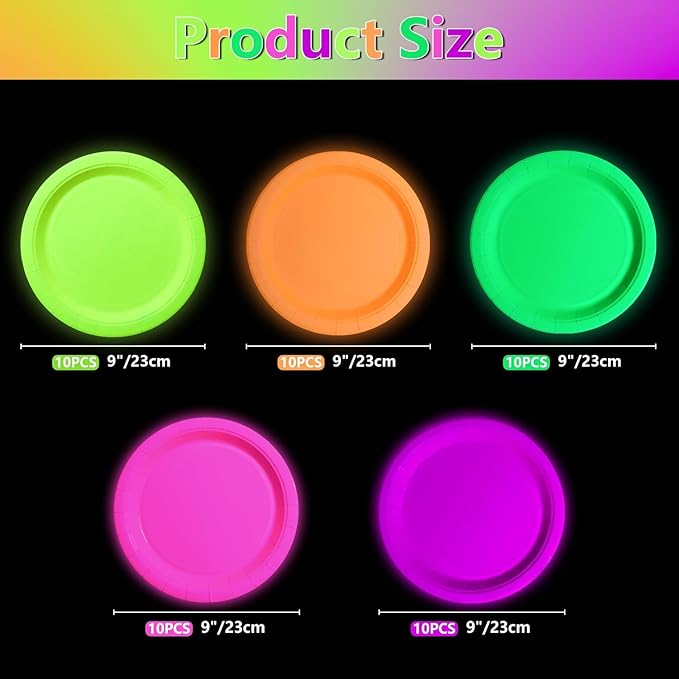 50 Pcs Glow in the Dark Neon Party Supplies, 5 Color Neon Birthday Plates Disposable Paper Plates for Let's Glow Party Decorations Halloween, 9 x 9 inches