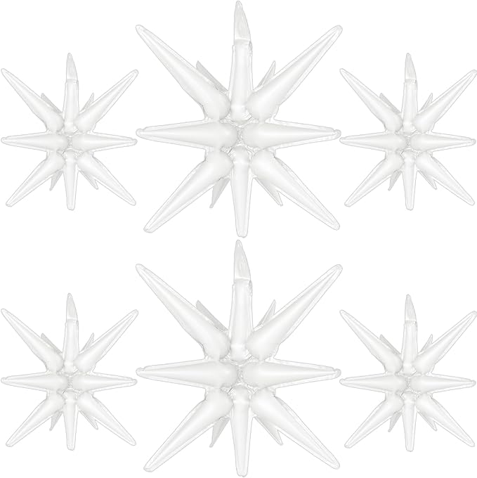 6 Pcs White Star Foil Balloons One-Piece 14-Pointed Star Balloon 4D Starburst Cone Mylar Balloon 22inch Christmas Birthday Wedding Wedding Anniversary Party Supplies (22&27 Inches White)