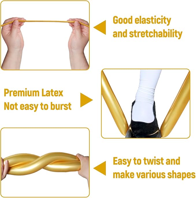 100Pcs 260 Balloons Metallic Gold Long Balloons for balloon animals, Gold Skinny Latex Twisting Balloon for Animals Modeling Christmas Birthday Wedding Party Decorations. (Gold)