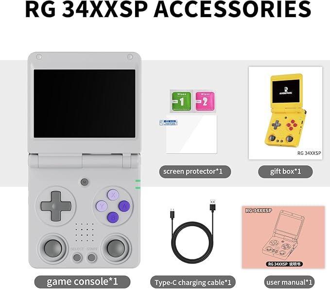 RG34XXSP Retro Handheld Game Console Linux 3.4 inch IPS Screen 720*480 5000+ Classic Games 64G Card RG 34XXSP Retro Gaming Console Handheld 3300mAh Battery Compatible with WiFi HDMI Bluetooth Grey