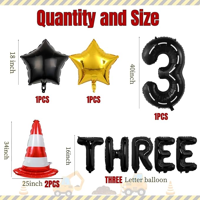 15pcs Construction Theme Birthday Party Decorations, Number 3 Large Construction Truck Traffic Cones Foil Balloon, 3rd Boy Birthday Party Decoration Supplies (3rd)