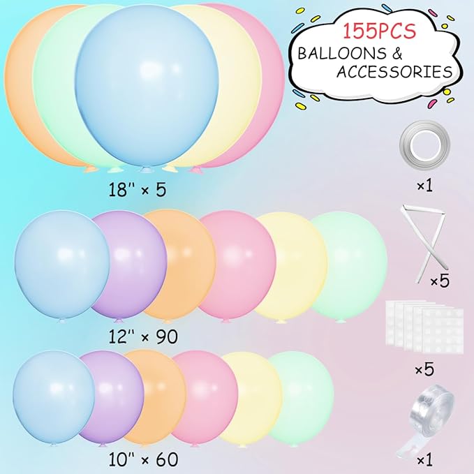 Pastel Rainbow Balloon Arch Garland Kit, 155Pcs Multicolor Macaron Balloons for Birthday Party Baby Shower Wedding Decorations