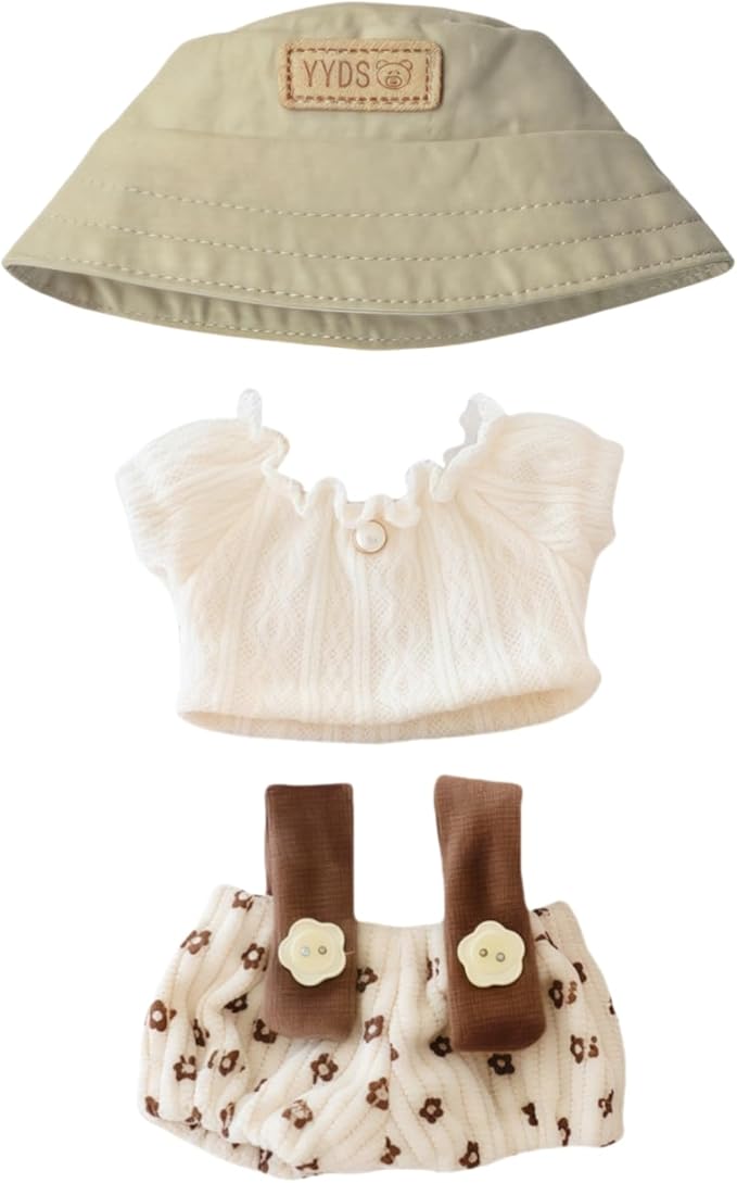 Clothes for Lu bubu 17cm Dolls Accessories(No Doll), Cute Outfit Set 3 Pieces Bib Pants Suitable for 17cm Doll Suit, Stylish Dress Up Overalls Doll Clothing Set Replacement with Hat Clothes Beige