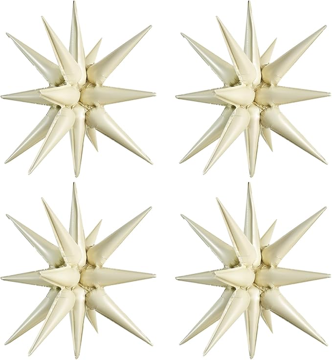 TONIFUL 4 Pcs 22inch 4D Cream White Explosion Star Mylar Balloons 14Point Star Balloons for Party Backdrop Christmas,New Year Birthday, Wedding Baby Shower Anniversary Photo Booth Supplies
