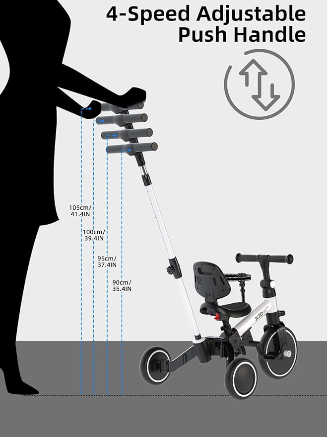 XJD Toddler Bike, 6 in 1 Folding Toddler Tricycle for 1-4 Year Old with Parental Control Handle, Balance Bike with Removable Pedal, Backrest, Adjustable Seat Height, First Birthday Gifts (White)