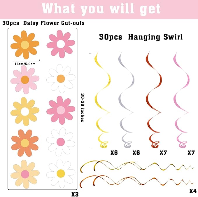 60pcs Daisy Flower Hanging Swirls Colorful Daisy Foil Swirls Ceiling Hanging Decor Flower Cutouts Party Supplies for Boho Hippie Groovy Retro Themed Birthday Baby Shower Spring Party Decorations Favor