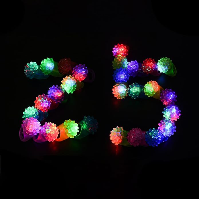 MINGOMINGO 25 Pack LED Light Up Rings & Glow Rings Bulk Party Favors - Non-Candy Easter Egg Fillers & Classroom Rewards, Treasure Box Toys, 3-Mode Flashing Ring Glow Party Supplies
