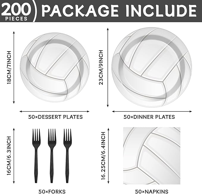 Qyeahkj 50 Guests Volleyball Plates and Napkins Party Supplies Volleyball Birthday Party Decorations Disposable Tableware Set Sports Dinnerware Favor for Kids Baby Shower Decorations, 200PCS