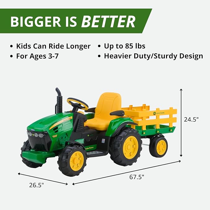 Peg Perego John Deere Ground Force Extra-Large 12 volt Ride-On Tractor with Trailer & FM Radio, Durable Design for Kids Ages 3-7