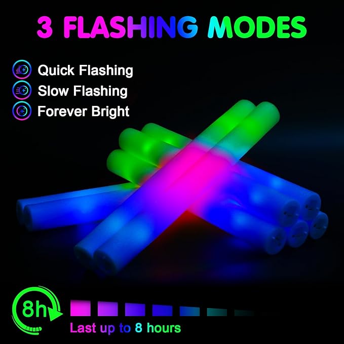 225 Foam Glow Sticks, Foam Light Up Sticks Party Supplies with 3 Mode Colorful Flashing, Glow Sticks Bulk Party Pack, Led Foam Sticks for Birthday, Wedding, New Year, Carnival, Concert