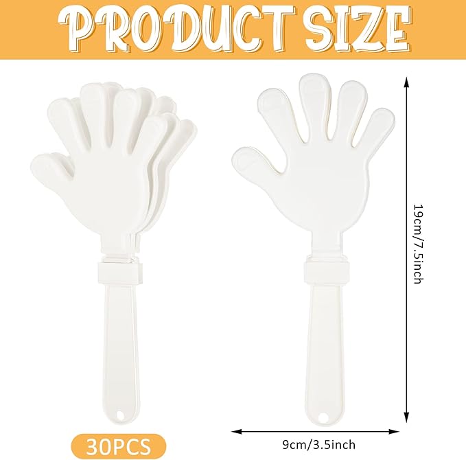 BBTO 30 Pcs Hand Clappers Noisemakers 7.5 Inch Plastic Party Clappers for Fiesta Birthday Party Supplies Carnival Prize Football Sport Accessories Favor(White)