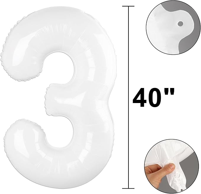 40 Inch White 3 Balloon Giant Mylar Number 3 13 23 30 33 Year Old Birthday Large Foil Helium Number Balloons Party Decorations Supplies Anniversary
