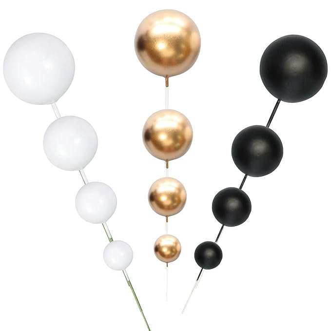 Gyufise 30Pcs Black White Gold Ball Cake Toppers Mini Balloon Cupcake Toppers DIY Foam Ball Cake Insert Decoration for Wedding Anniversary Birthday Party Supplies