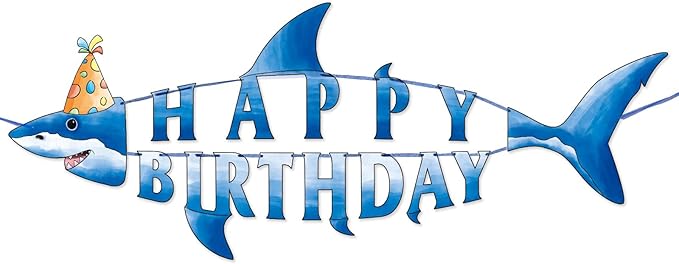 WERNNSAI Shark Happy Birthday Banner - Pre-strung Shark Birthday Banner for Kids Boys, Ocean Theme Party Supplies, Beach Under The Sea Theme Party Hanging Wall Decor