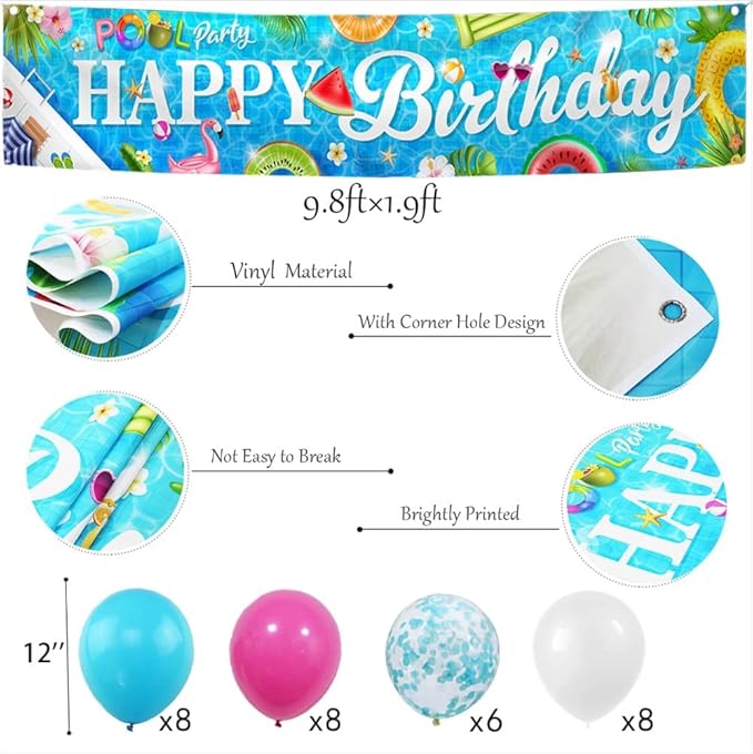 Pool Party Banner Decorations Colorful Happy Birthday Pool Banner Background Summer Themed Hawaiian Outdoor Party Decor with 30 Balloons Birthday Yard Decor Baby Shower Supplies - 9.8×1.9ft