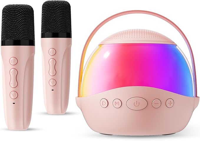 Mini Karaoke Machine Gifts for Kids Adults, Portable Karaoke Speaker with 2 Wireless Microphones, Kids Microphone with Speaker and LED Light, Birthday Gifts for Girls Boys 3-12+ Year Old (Pinkcolor)