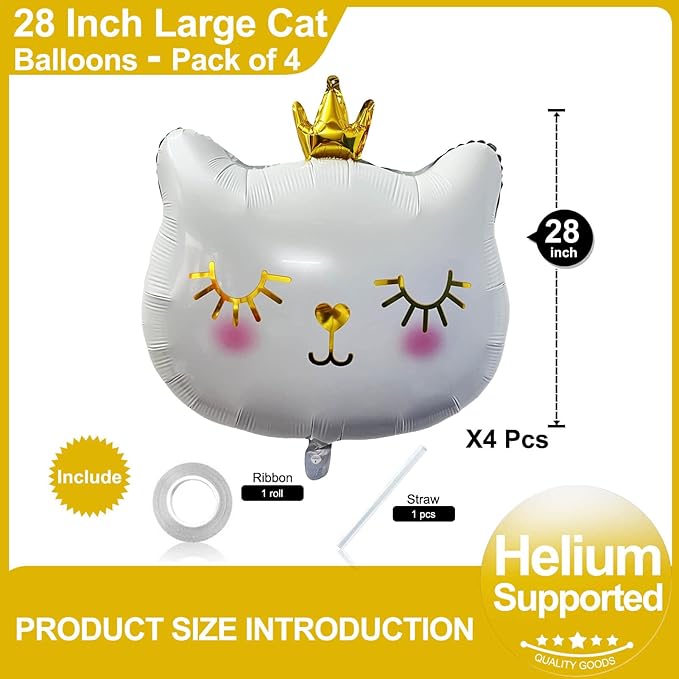 Giant Cat Balloons 28 Inch Adorable Crown Kitty White Cat Balloons for Kitten Pet Cat Theme Birthday Party Decorations