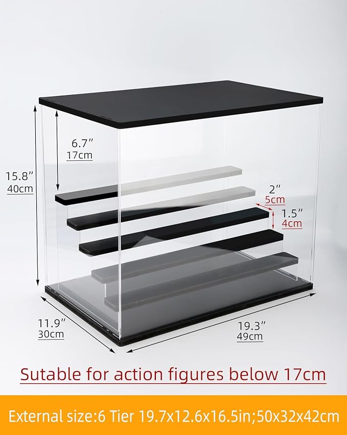 Clear Acrylic Display Case with Light , 6 Tier Display Box Stand Assembly Dustproof Protection Showcase for Collectibles Action Figures (Black 6 Tier L 19.7*12.6*16.5in；50×32×42cm)