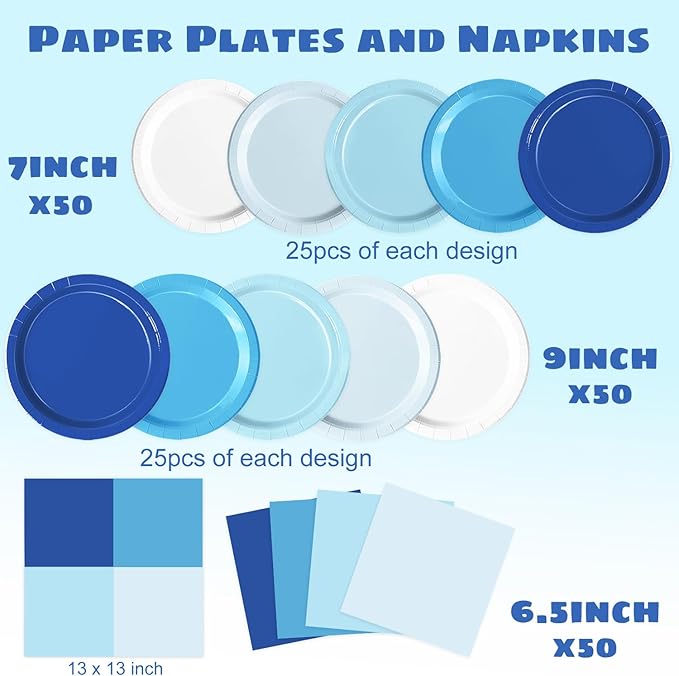 Oigco 150 PCS Blue Paper Plates, Light Blue Plates and Napkins Party Supplies for Wedding Baby Shower Bridal Party Supplies Tableware Decor, Serves 50