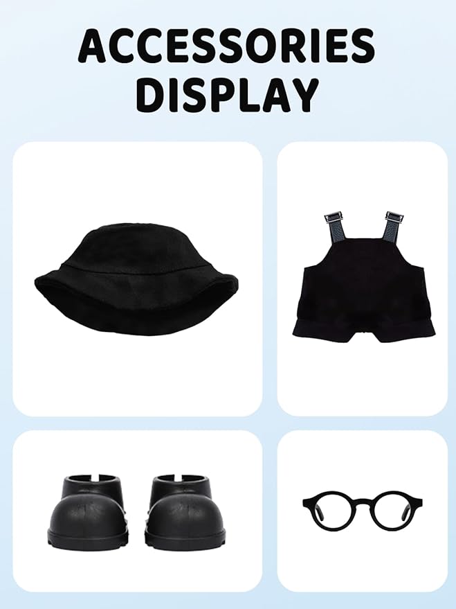 2PCS Doll Clothes Set for 17cm Dolls – Stylish Outfit with 2 Hat, 2 Overalls, 2 Shoes & 2 Glasses of Clothes Designer, Cute Clothes for Dress up Unique Style (Black+White) (Doll Not Included)