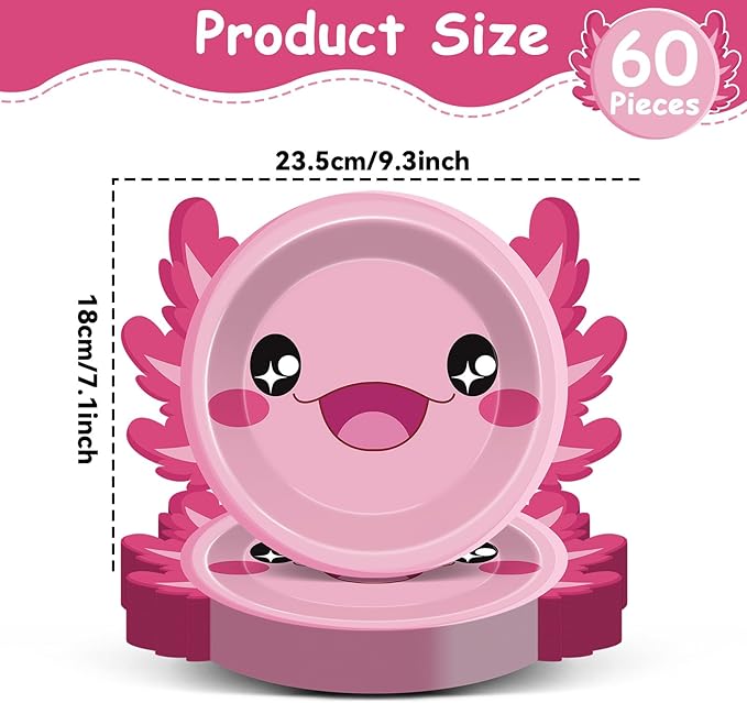60Pcs Pink Axolotl Shaped Birthday Party Decorations Reptile Animals 7 Inch Dessert Plates Plates Cartoon Dinner Disposable Tableware Set for Kids Girls Party Baby Shower Supplies Favors