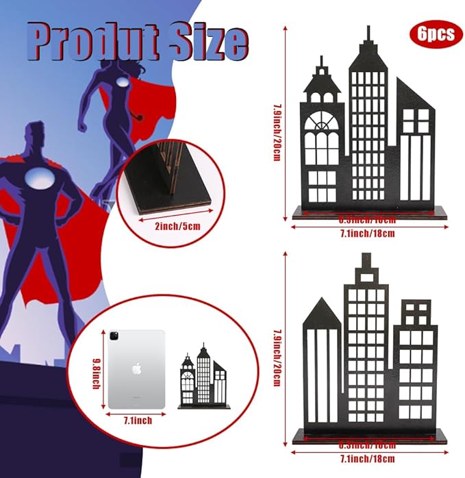 6 Pcs Super Hero Party Decorations, 2 Style Wooden Hero Theme Skyscrapers Table Decorations, City Skyline Buildings Centerpiece Sign Decor for Hero Theme Comic Birthday Party Supplies