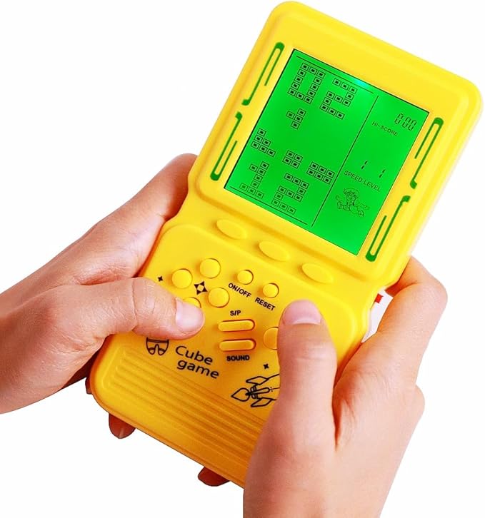 Retro Brick Game Console Large Screen with Green Backlight Built-in 23 Multi-Mode Games Classic Nostalgia Speed and Difficulty Adjustable Powered by 2 AA Batteries (Yellow)