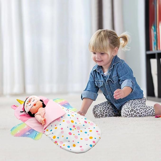 Baby Doll Sleeping Bag Toy Playset Rainbow Unicorn Doll Bedding Slumber Bed Accessories with Eye Mask Doll Unicorn Style Sleeping Bag (for 12 inch Doll)