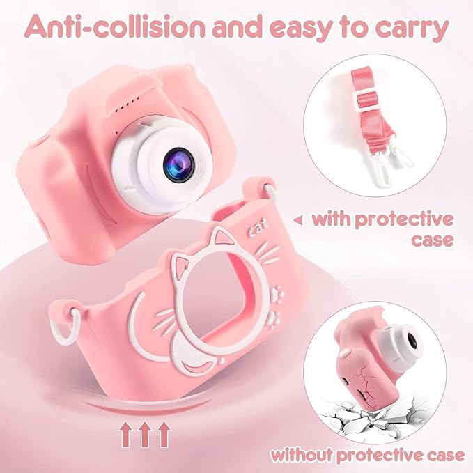 Kids Camera, 2 Lens Selfie Camera for Kids, HD Video Digital Camera for Girls, 3 4 5 6 7 8 9 Year Old Girl Christmas Birthday Gifts,Toddler Camera Toys with 32GB Card Pink