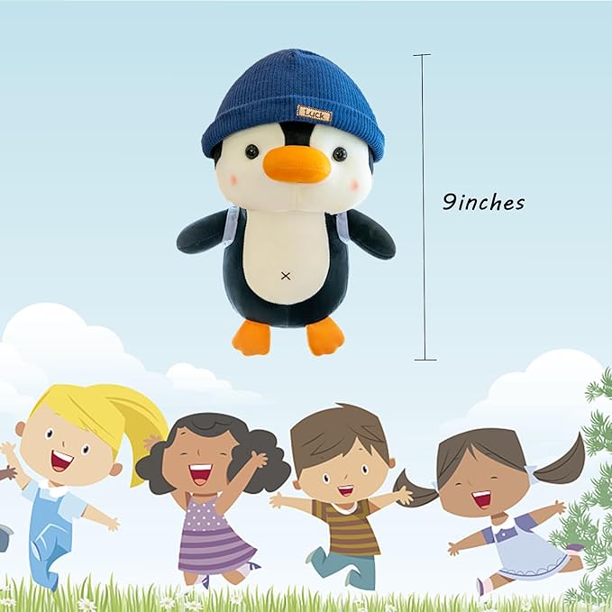 9 inches Penguin Stuffed Animals Soft Plush Cute Travel with Hat Backpack Doll for Boys Girls