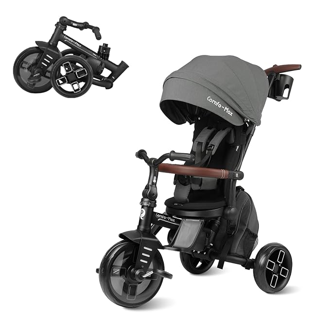 QPlay Toddler Bike Stroller for Baby 10 Months to 6 Years Old, 8-in-1 Foldable Stroller Bike for Toddlers 3-5 Boys & Girls Gifts Trike — Adjustable Handle, Triple Footrest, Canopy & Storage Bag