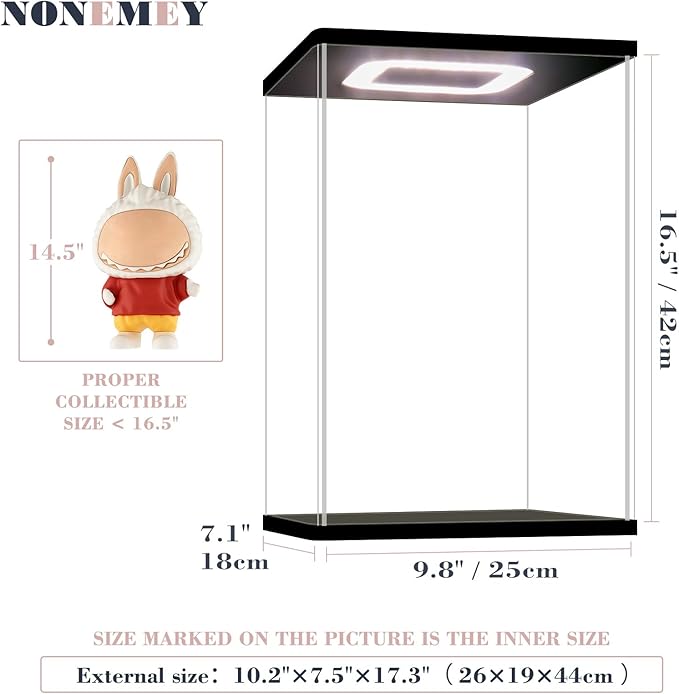 NONEMEY Acrylic Display Case with Led Light ，Assemble Clear Acrylic Display Case Stand Dustproof Protection Showcase Organizer Box for Action Figures (10.2x7.5x17.3 inch, 26x19x44cm)