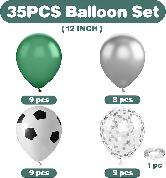 Green Silver Football Balloons - 12 Inch Printed Latex for Boys Baby Shower Soccer Sports Party Decorations
