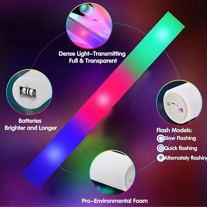 174PCS LED Foam Glow Sticks, Foam Light up Sticks Bulk Party Pack with 3 Modes Colorful Flashing, Glow in The Dark Party Supplies for Parties, Wedding, July 4th, Birthday,Raves,Concert,New Year