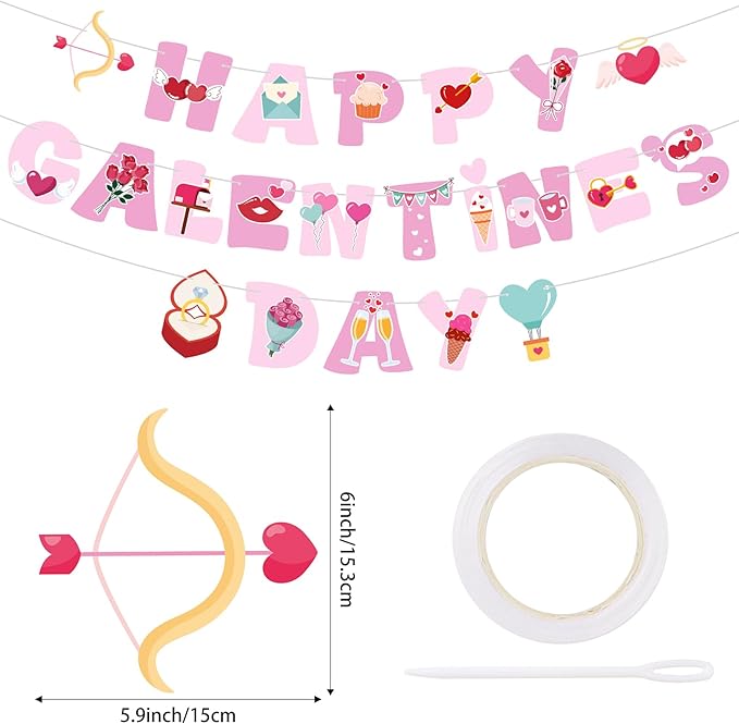 Happy Galentine's Day Banner Pink Galentine’s Day Garlands Decorations with Heart Valentines Day Banner for Girls Ladies Friends Galentines Day Decoration