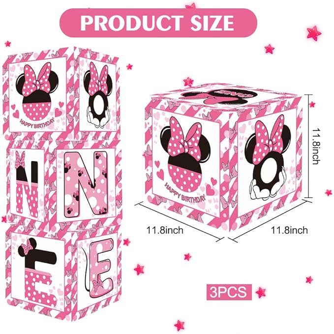 TONIFUL Pink Mouse 1st Birthday Party Supplies Pink Balloon Box with Letters, Mouse Theme One Year Old Birthday Party Favors for Girls Baby Shower B-Day Decoration