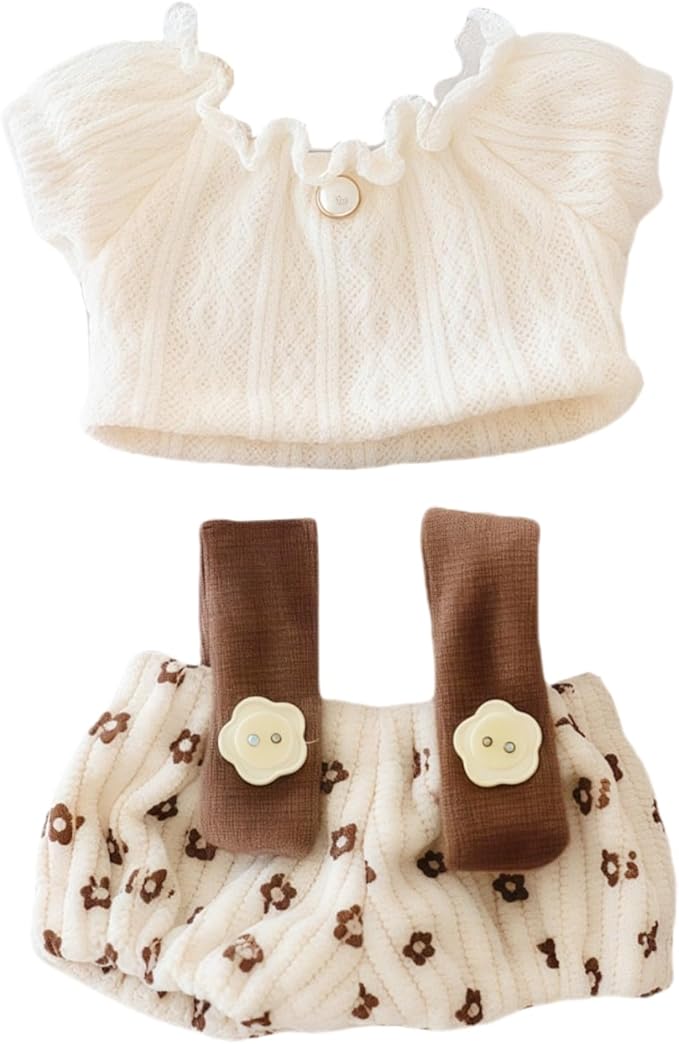Clothes for Lu bubu 17cm Dolls Accessories(No Doll), Cute Outfit Set 2 Pieces Bib Pants for 17cm Doll Suit, Stylish Dress Up Overalls Doll Clothing Set Replacement Beige