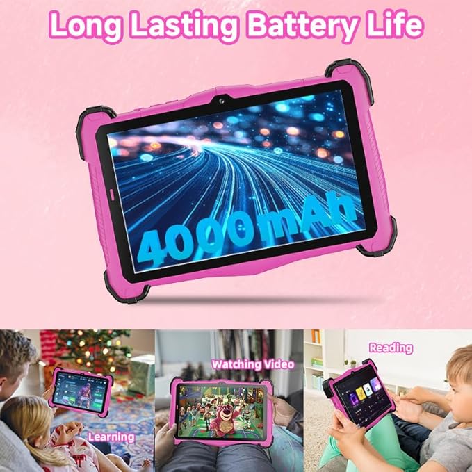 Kids Tablet 7 inch Android 15, Tablet for Kids with 10GB RAM 64GB ROM Bluetooth IPS Screen Parental Control Dual Camera Shockproof Case for Educational Games (Pink)