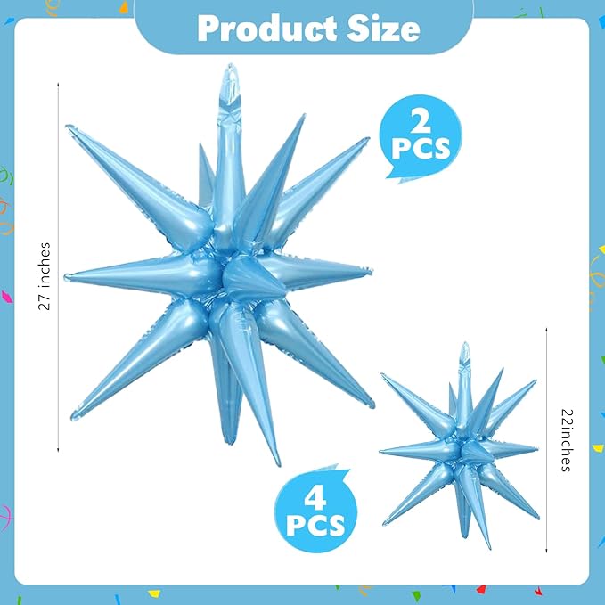 6 Pcs Light Blue Star Foil Balloons One-Piece 14-Pointed Star Balloon 4D Starburst Cone Mylar Balloon 22inch Christmas Birthday Wedding Wedding Anniversary Party Supplies (22&27 Inches Light Blue)