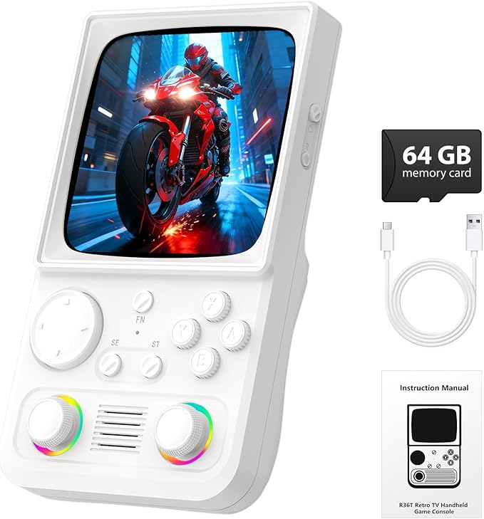 R36TMAX Retro Handheld Game Console, 4.0'' 720x720 IPS Screen, 64GB Supports 18000+ Classic Games, EmuELEC System Supports WiFi Networked Fighting and OTG, 4000mAh, with Portable Case(White 64GB)