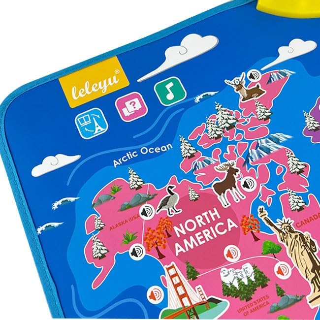Educational Talking Wall Chart English World Map for Kids Interactive Music Poster with Words Animals Landmarks Montessori Learning Toy Gifts for Toddlers Preschoolers 2-4