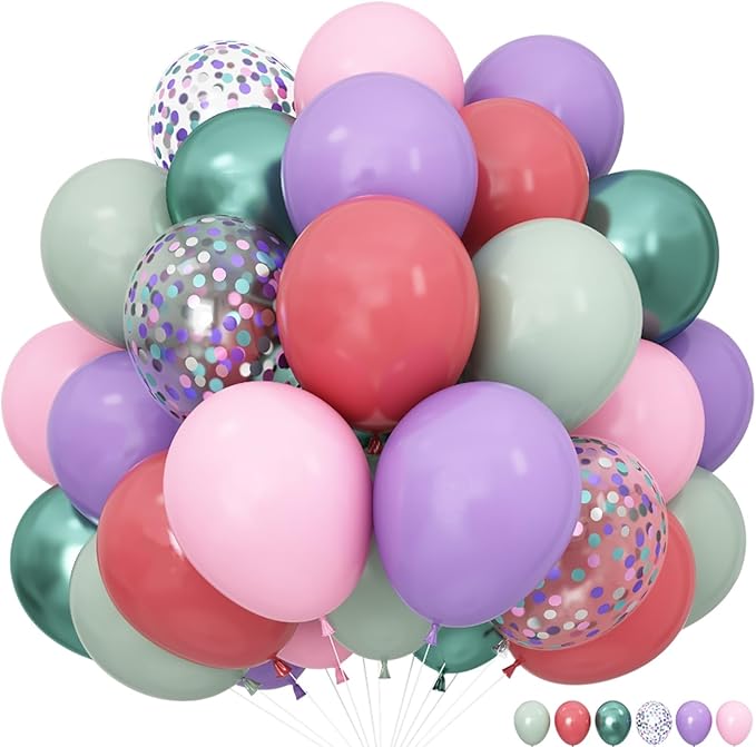 Pink Purple Green Balloons for Mermaid Magic Birthday Party Decorations Under The Sea 60PCS 12INCH Pastel Pink Teal Metallic Sage Green Helium Latex Balloon Confetti Balloons for Arch Baby Shower