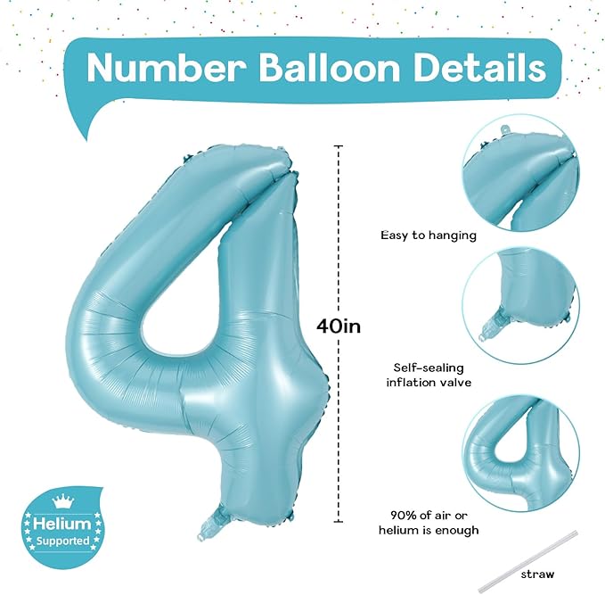 4 Balloons Number, 40 Inch Large Light Blue Number 4 Balloon, Baby Blue Foil Self Inflating Helium for Boys Kids 40th 15th Age Birthday Party Decorations Anniversary Party Decoration Supplies