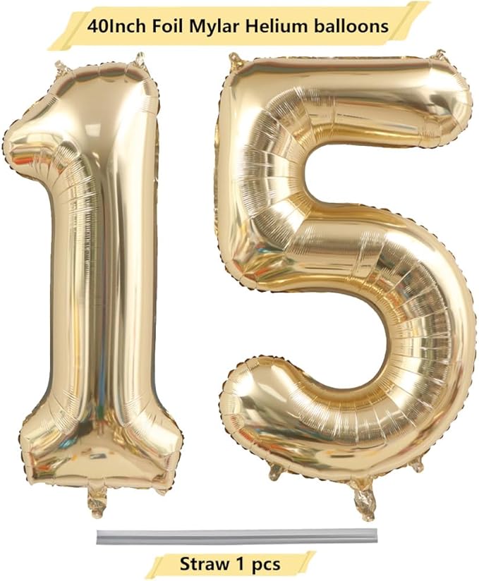 40 Inch Light Gold 15 Number Balloons White Gold Giant 15 Foil Mylar Helium Large Digital Balloon Champagne Gold Birthday Numbers Jumbo Balloons 15th or 51st Anniversary Party Decorations Supplies